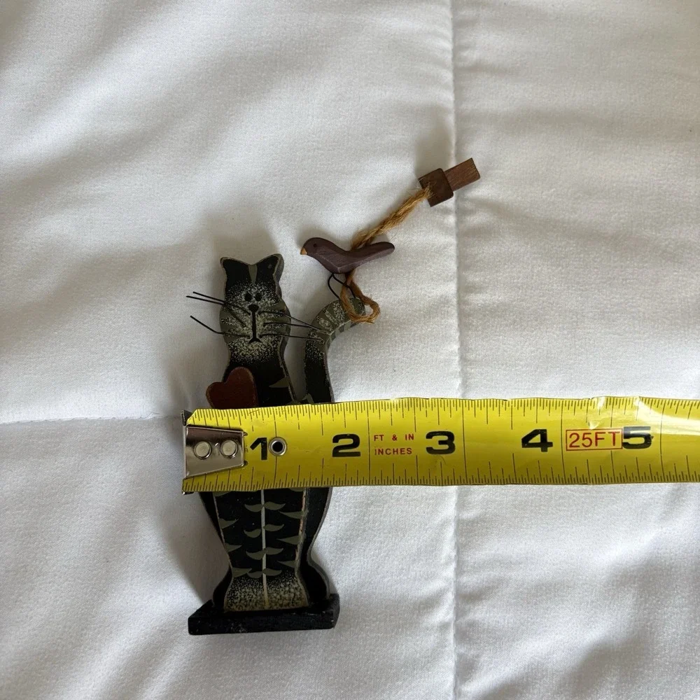 Vintage 90s Folk Art‎ Black Gray Cat Kitty Heart Bird And Bird House Wood Decor